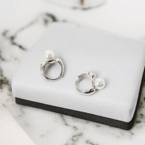 NEW 18K white gold plated French dainty pearl hoop drop earrings jewelry B19A